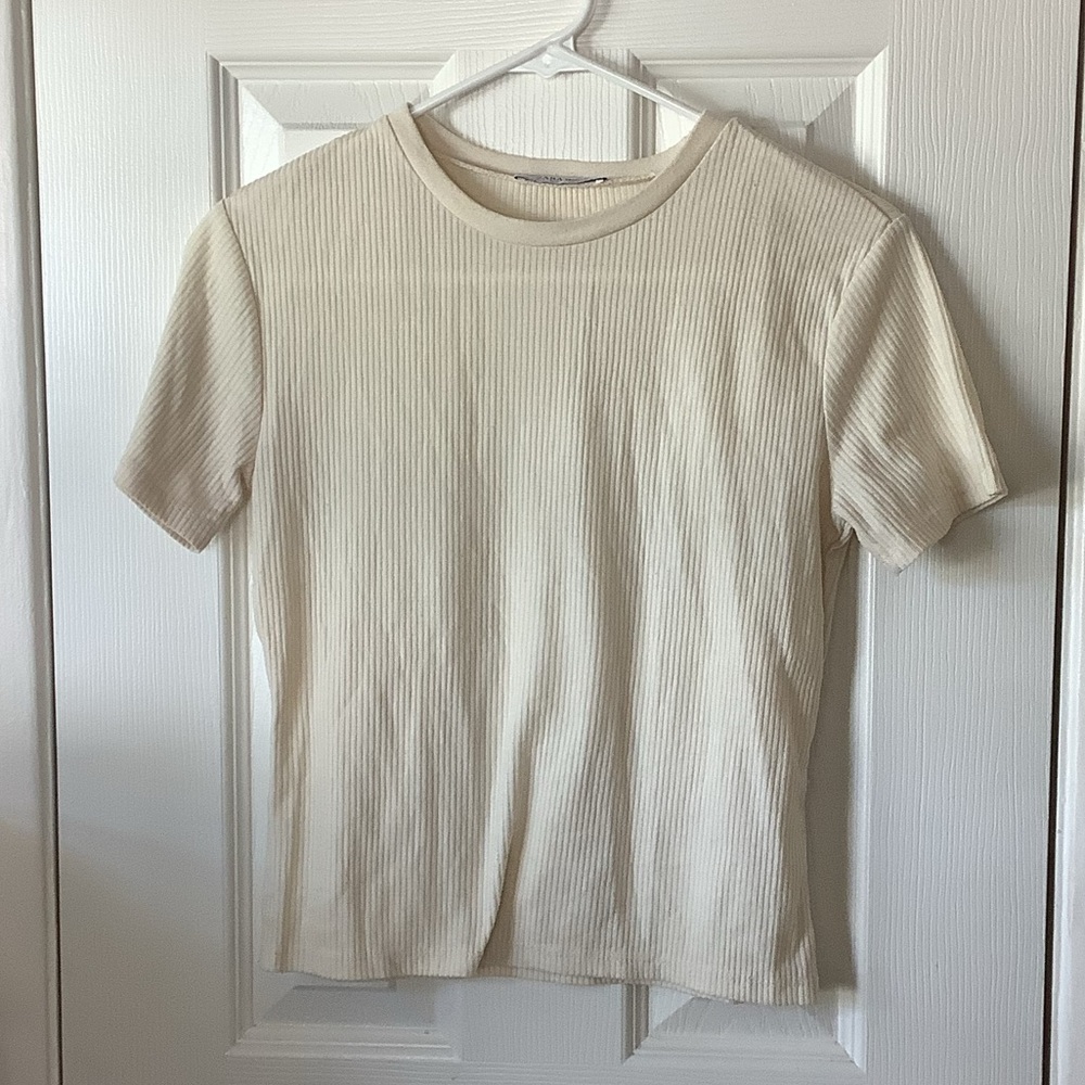 Cream Ribbed Short Sleeve Top